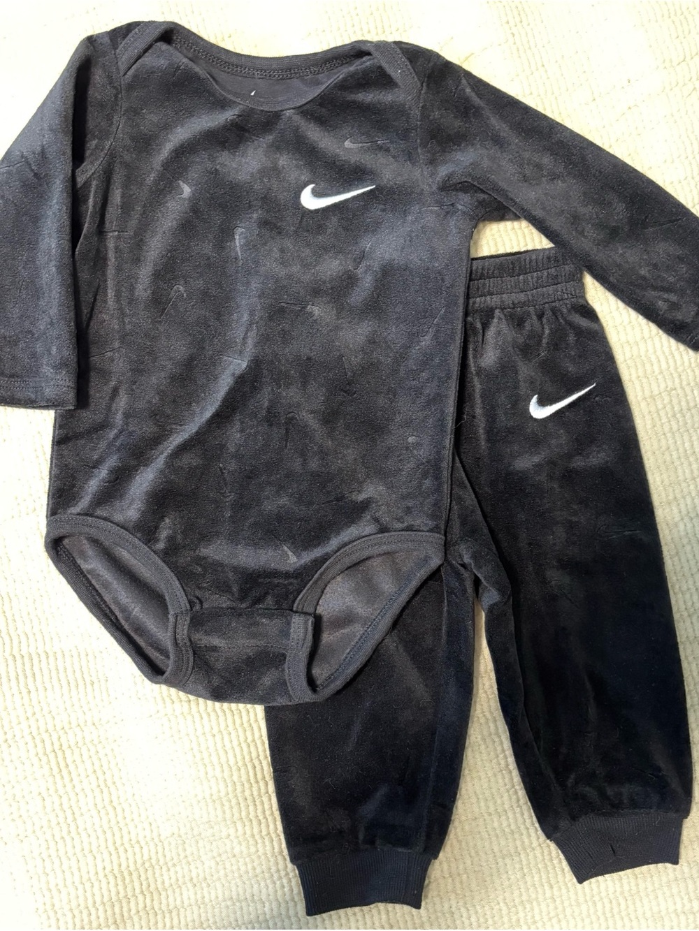Nike Black Infant Velour One-Piece and Pants Set with White Swoosh